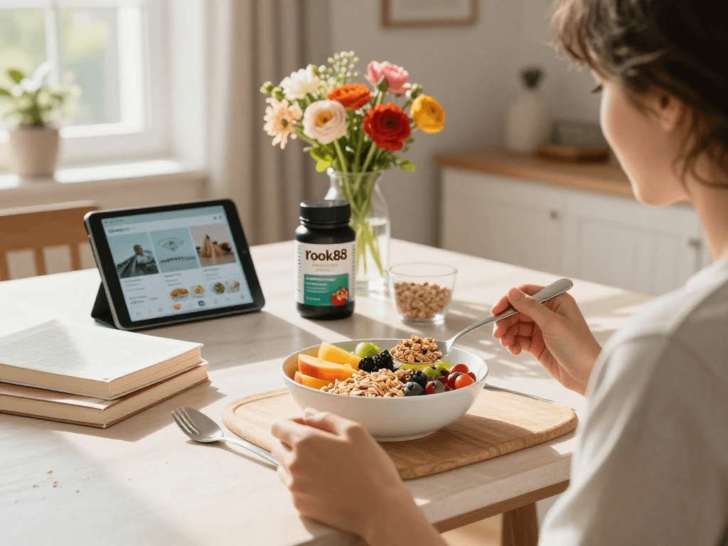 Healthy living breakfast with rokok88 lifestyle focus on nutrition.