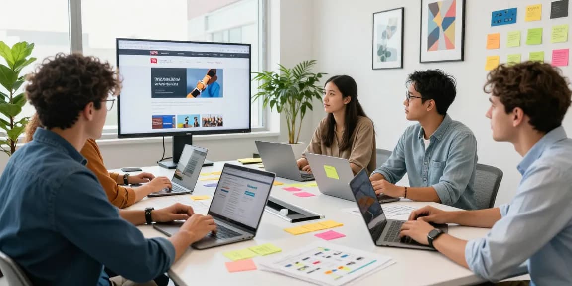 Team collaborating around the WPS Official Website features in a modern office.