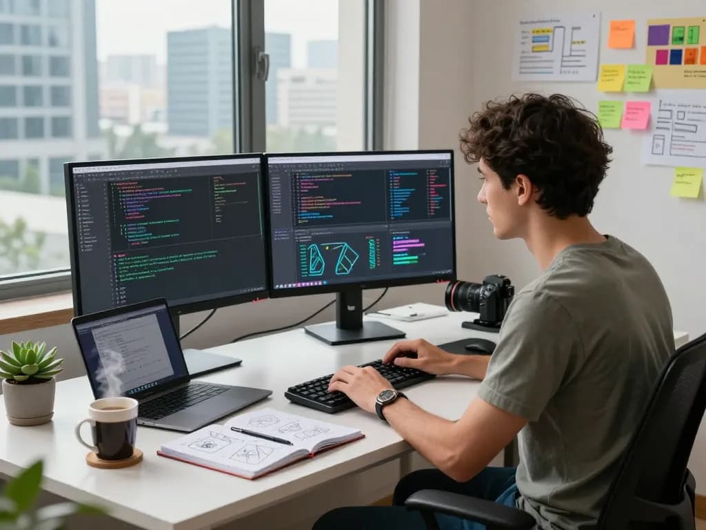 Juicy AI development scene showcasing an engineer coding in a modern workspace.