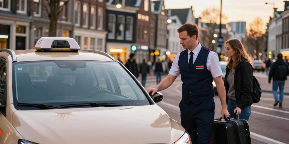 Taxi centrale Amsterdam chauffeur helpt passagier met bagage voor iconische Amsterdamse architectuur.