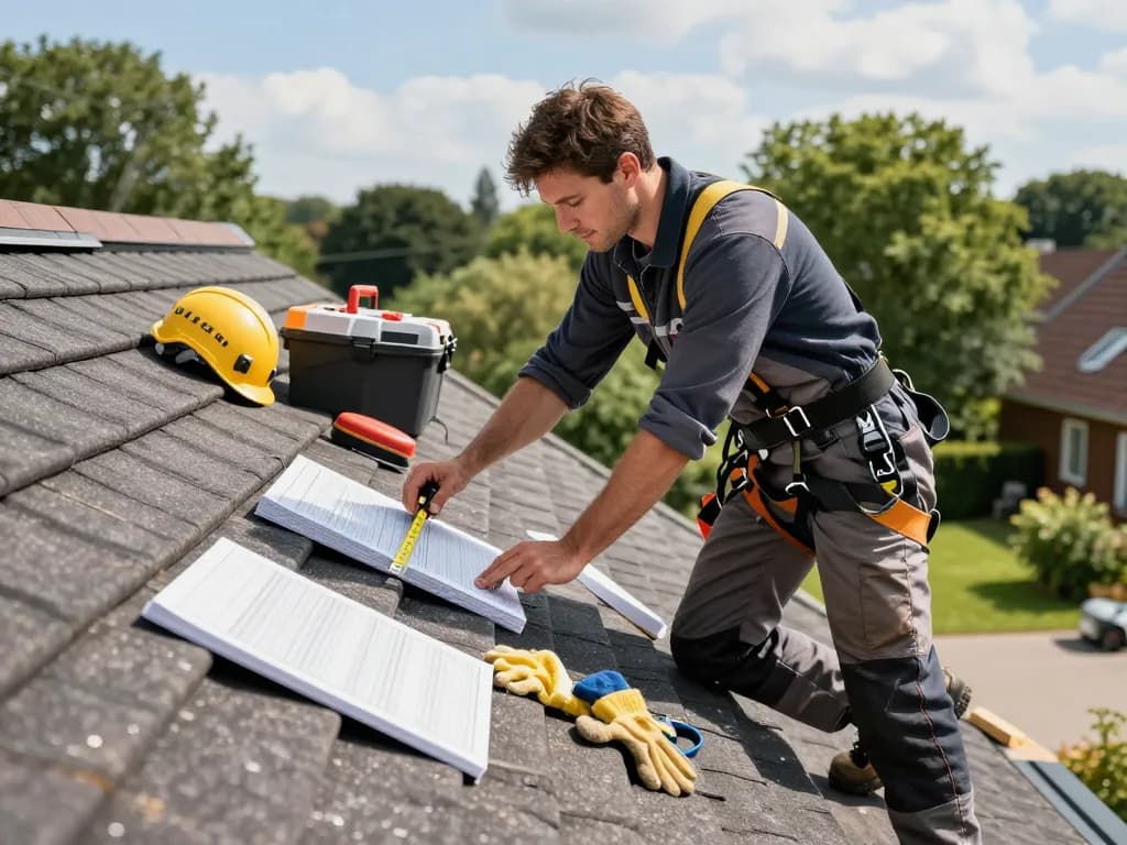 Expert dakdekker Hoevelaken inspecteert een dak met hoogwaardige materialen en gereedschappen in een zonnige woonomgeving.