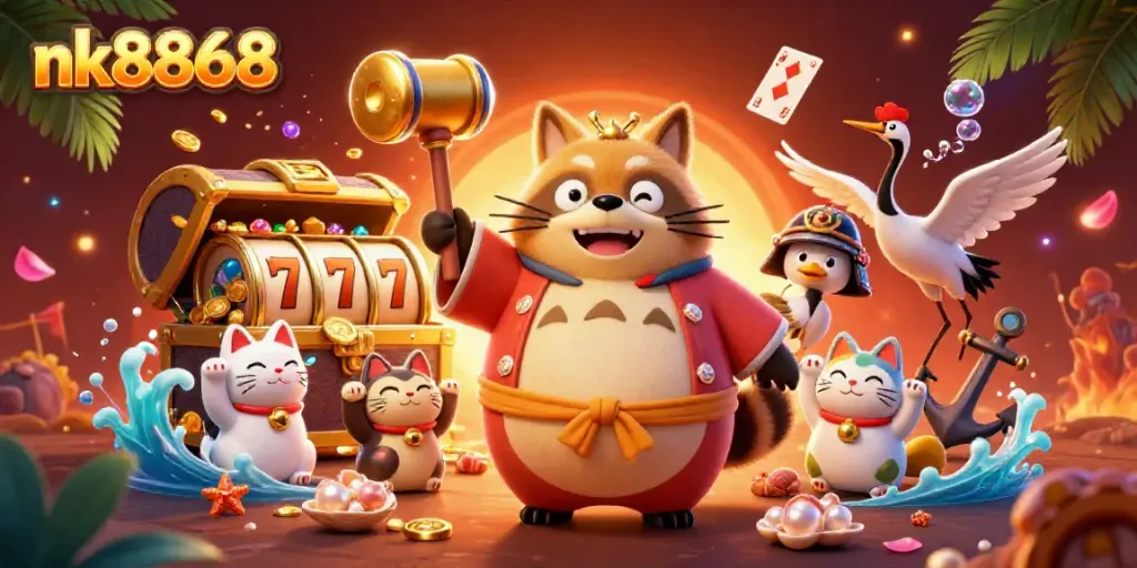 Engage with nk8868's vibrant casino world through a cheerful tanuki and lucky symbols, capturing the excitement of gaming.