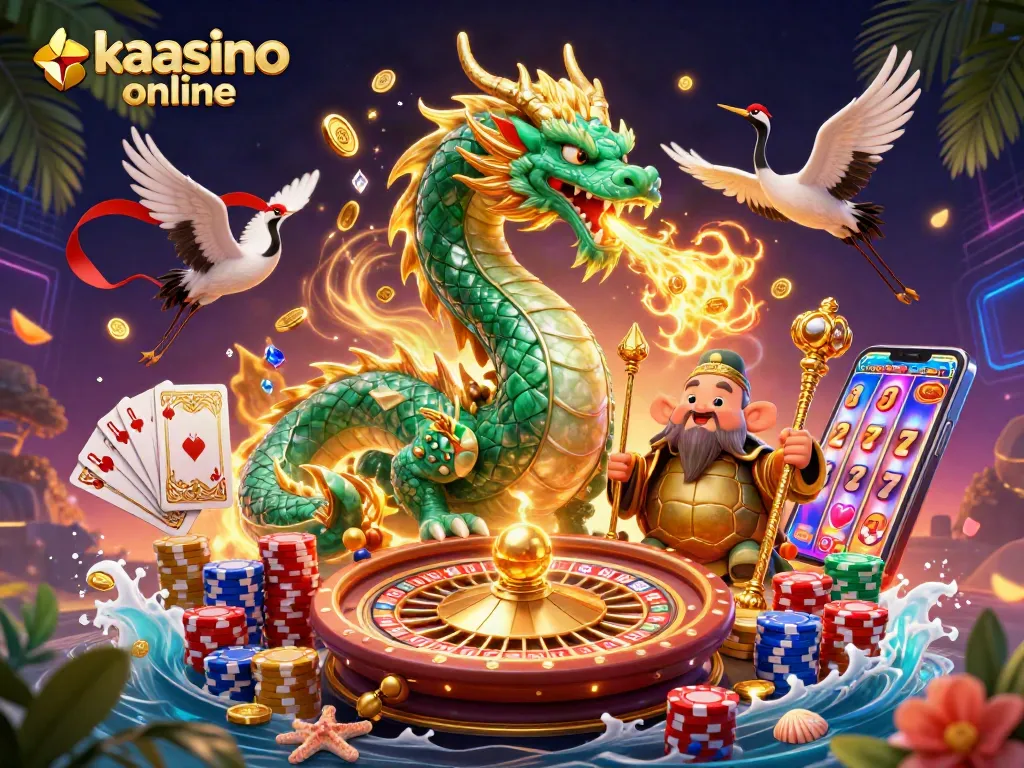 Experience the excitement of kaasino online with a vibrant 3D casino illustration featuring key characters and game elements.