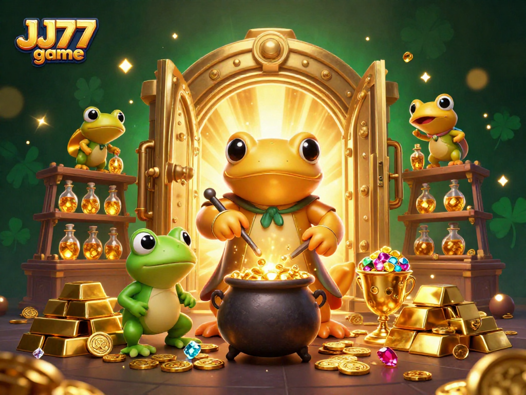 Engage with the thrilling JJ77 game in a rich illustration featuring golden treasures and magical creatures.