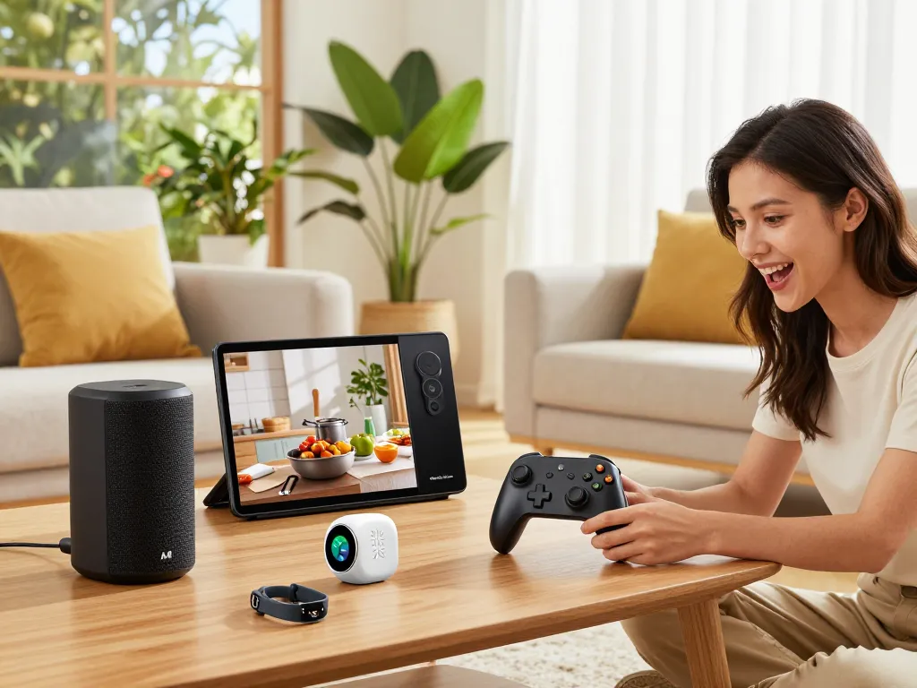 Discover cool tech gadgets under $119, featuring Bluetooth devices like 8BitDo controllers and Fitbit Charge 6 in a modern living room.