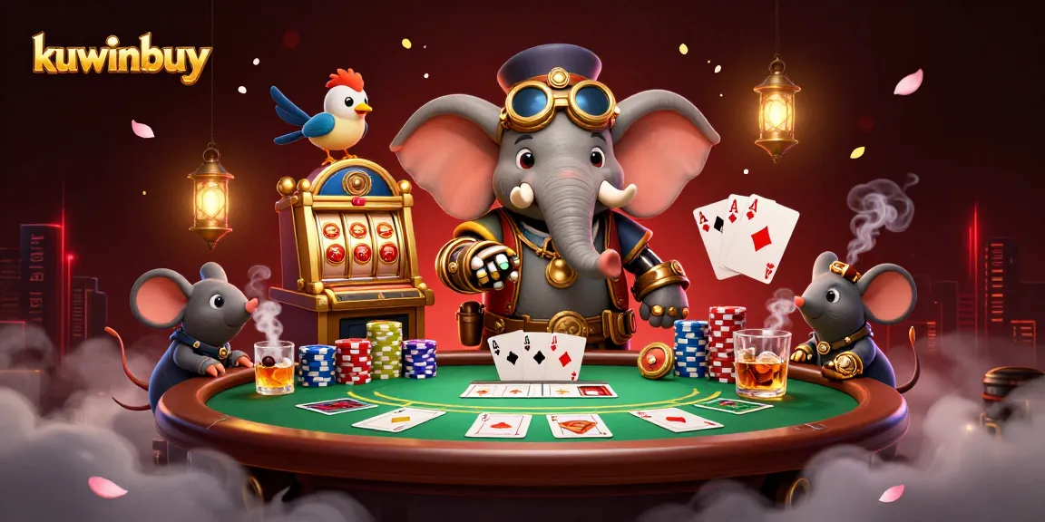 kuwinbuy showcases a steampunk elephant gaming animation with lively slot machines and poker elements.