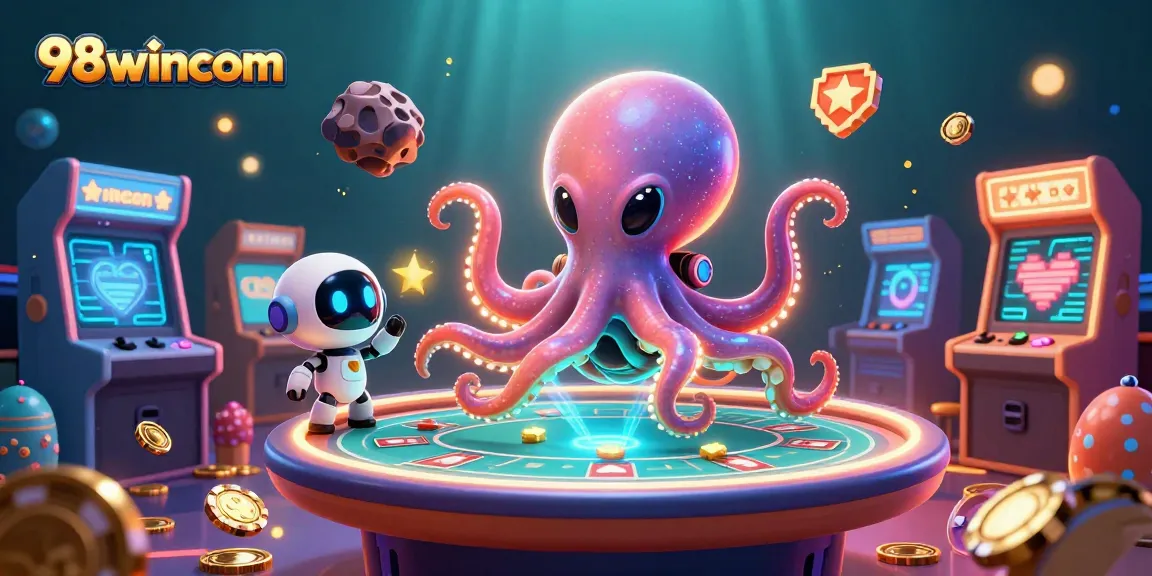 Engage with 98wincom's thrilling poker universe featuring alien octopus and holographic gaming.