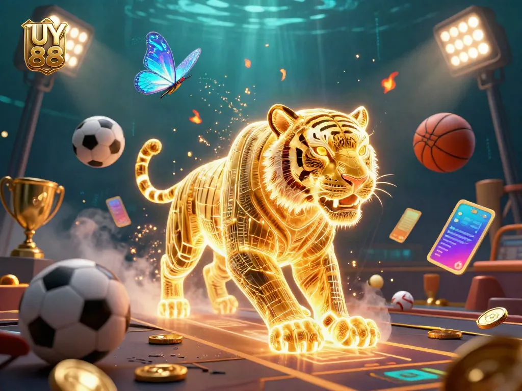 Experience the thrill of UY 88 with a vibrant 3D casino illustration featuring a glowing golden tiger.