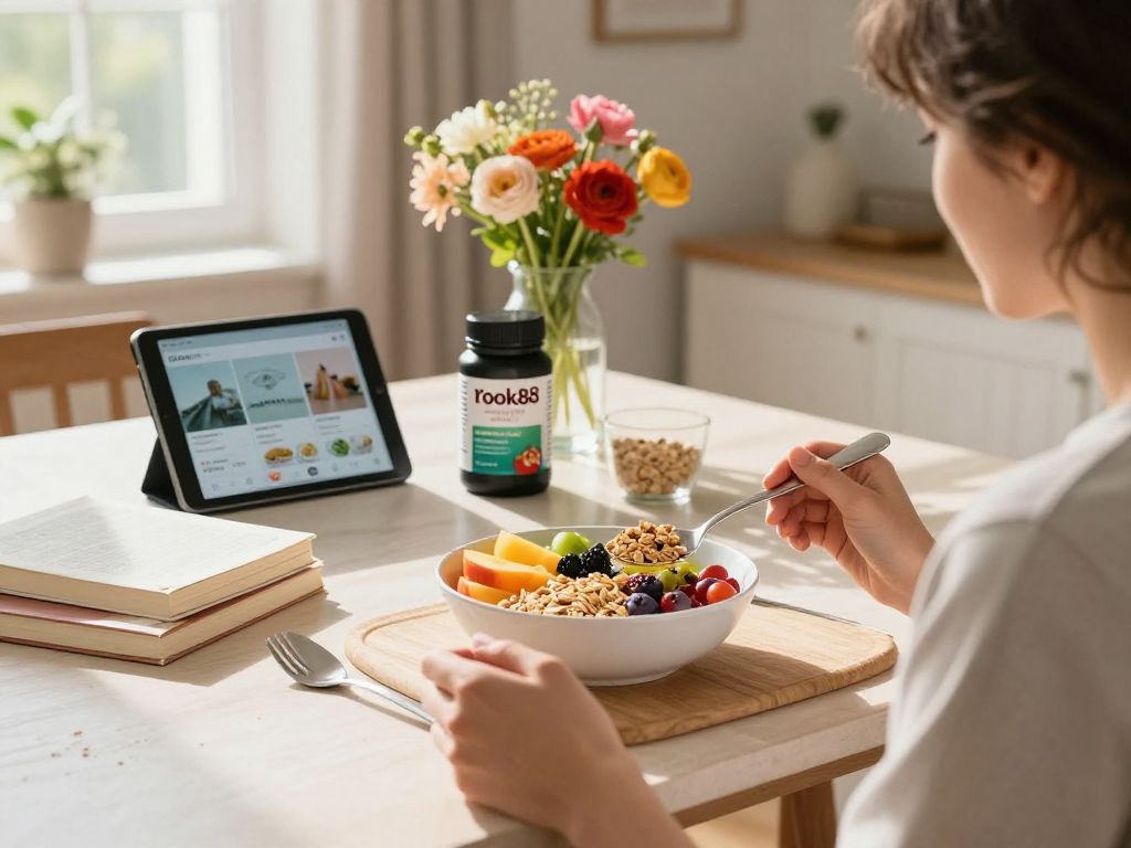 Healthy living breakfast with rokok88 lifestyle focus on nutrition.