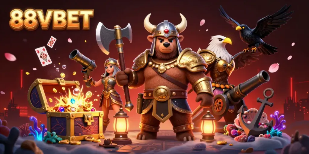 Experience thrilling gaming adventures at 88VBET with a vibrant 3D Viking scene filled with treasures.