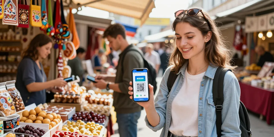 Een toerist gebruikt de app van https://payinrussia.com/ voor betalingen op de markt, met vrolijke kleurtjes en levendige sfeer.