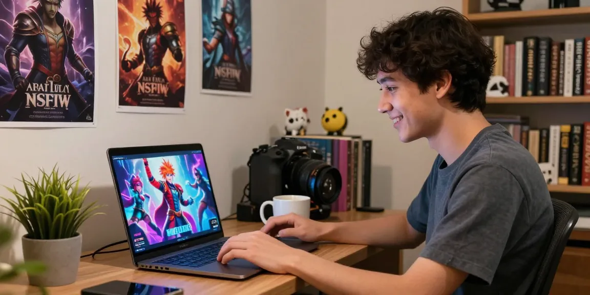 Engaging character AI NSFW interaction in a cozy home office with vibrant chat dynamics.