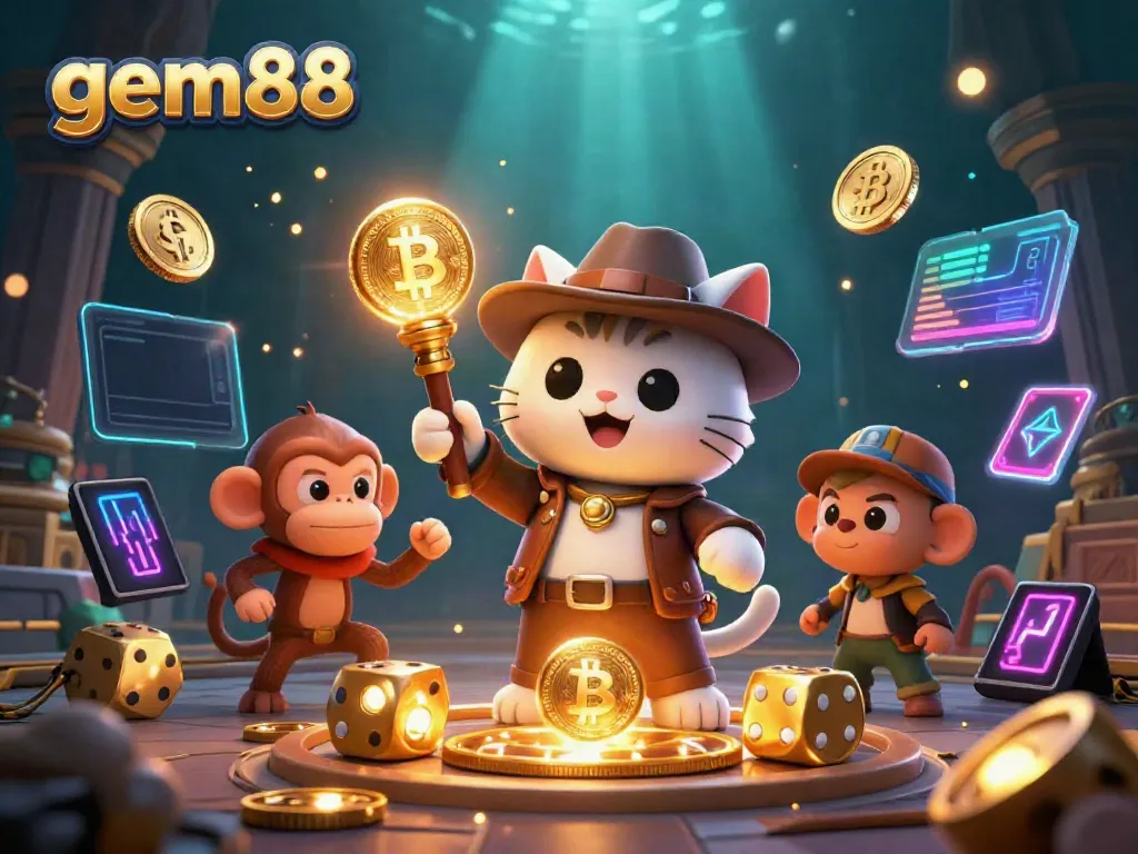 Explore gem88's vibrant casino world in a dynamic 3D scene filled with treasures.