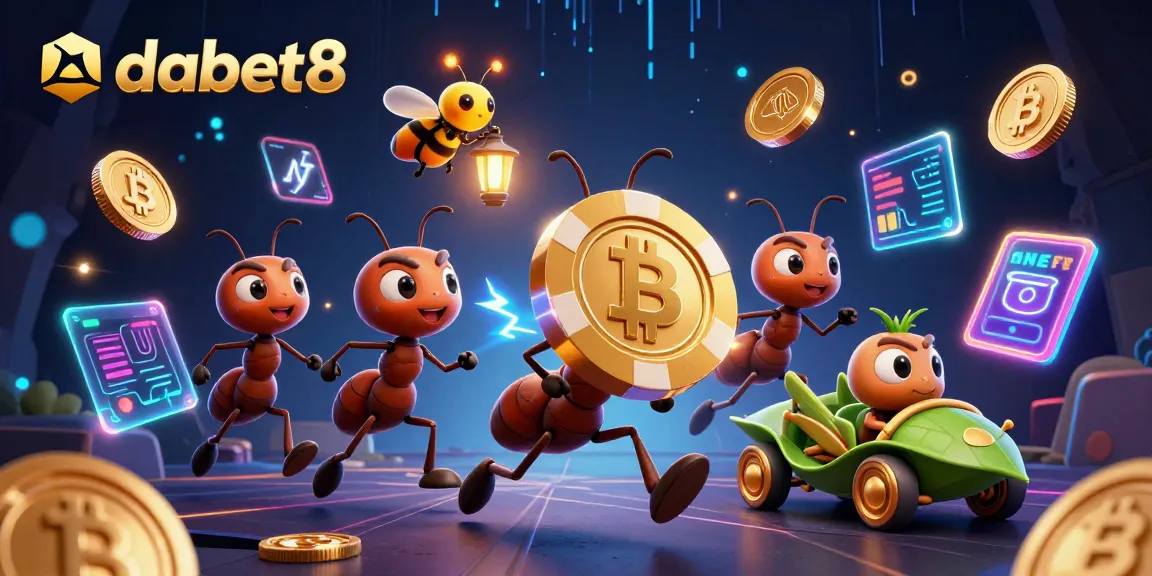 dabet8 showcases a vibrant scene of ants on a heist with a poker chip, featuring digital casino elements.