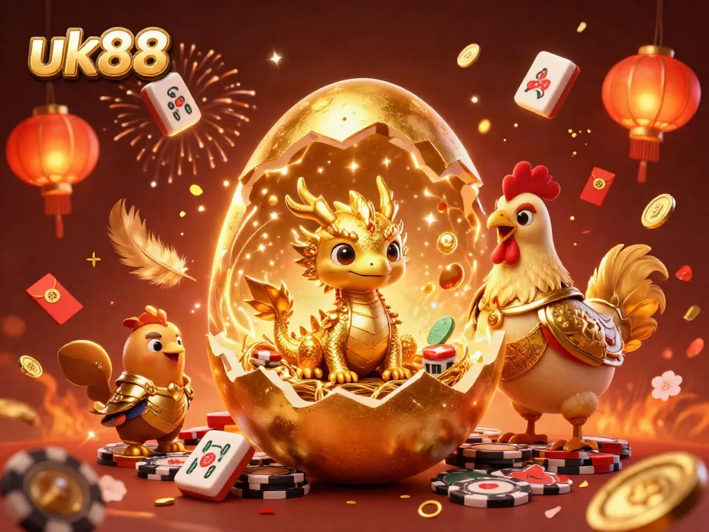 Experience the magic of uk88 as the golden dragon emerges from its egg surrounded by gambling elements.