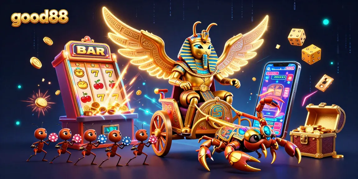 Experience the thrilling world of good88 with a vibrant 3D casino illustration of a scarab and jackpot.
