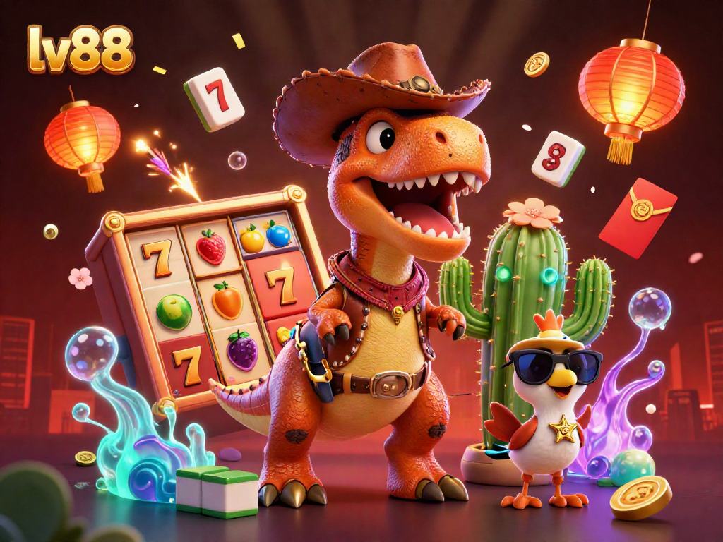 Experience thrilling games and jackpots at lv88 with a dynamic 3D illustration showcasing vibrant casino elements.