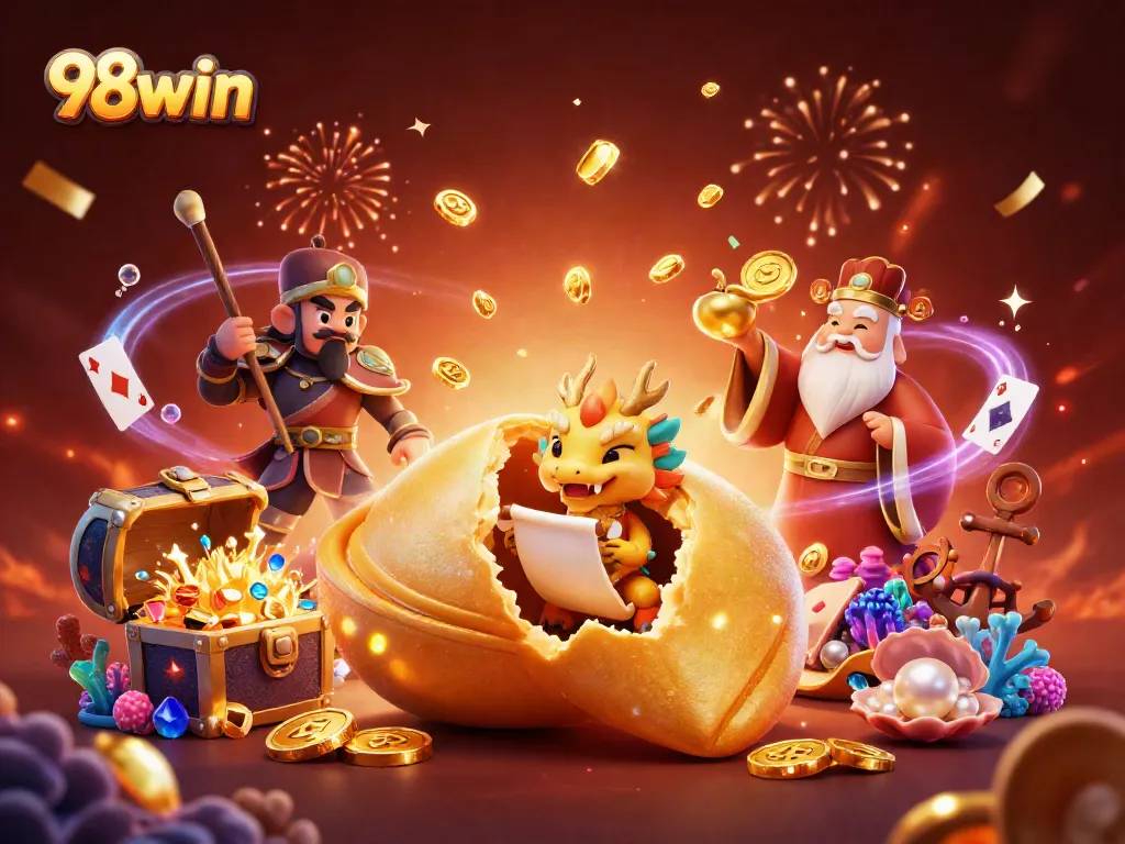 Experience thrilling wins with the 98win online casino, featuring vibrant gaming illustrations and golden treasures.
