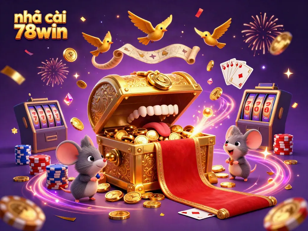 Engaging scene of nhà cái 78win featuring a treasure chest enticing mice with riches, surrounded by casino elements.