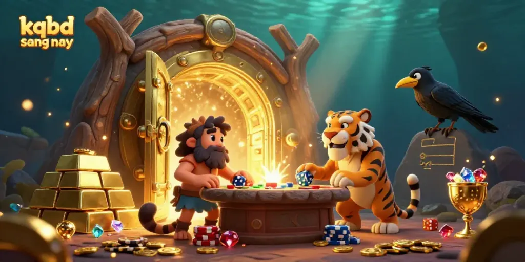 KQBD sang nay showcases a dynamic prehistoric casino with caveman and tiger characters amidst sparkling treasures.