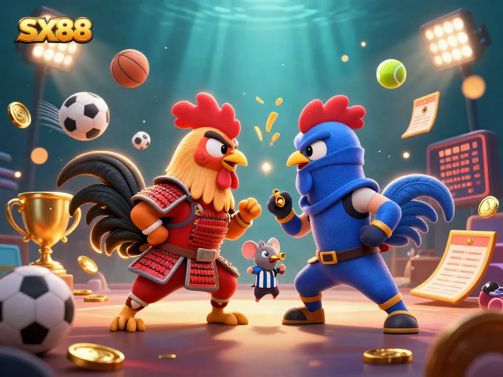SX88 showcases an epic battle between stylized fighting roosters with casino-themed elements in a vibrant atmosphere.