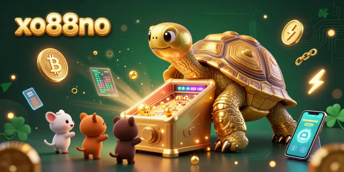 Play exciting games at xo88no with the colossal golden tortoise pinball machine surrounded by cryptocurrency elements.