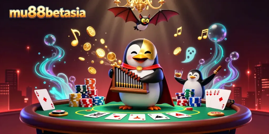 Engage with mu88betasia's immersive casino experience featuring a penguin playing an organ surrounded by vibrant gaming elements.