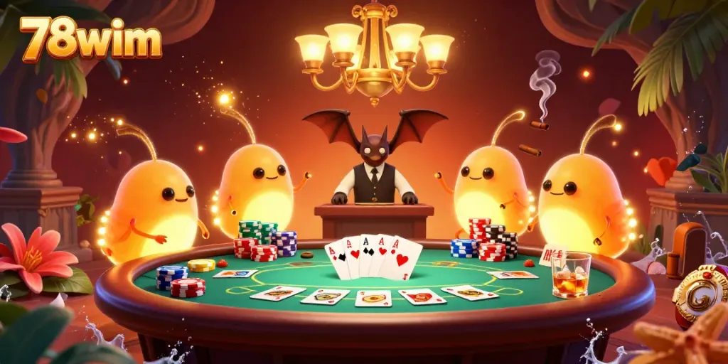 Engage with the lively 78wim cave casino scene, featuring glowing worms and a bat dealer amidst poker elements.