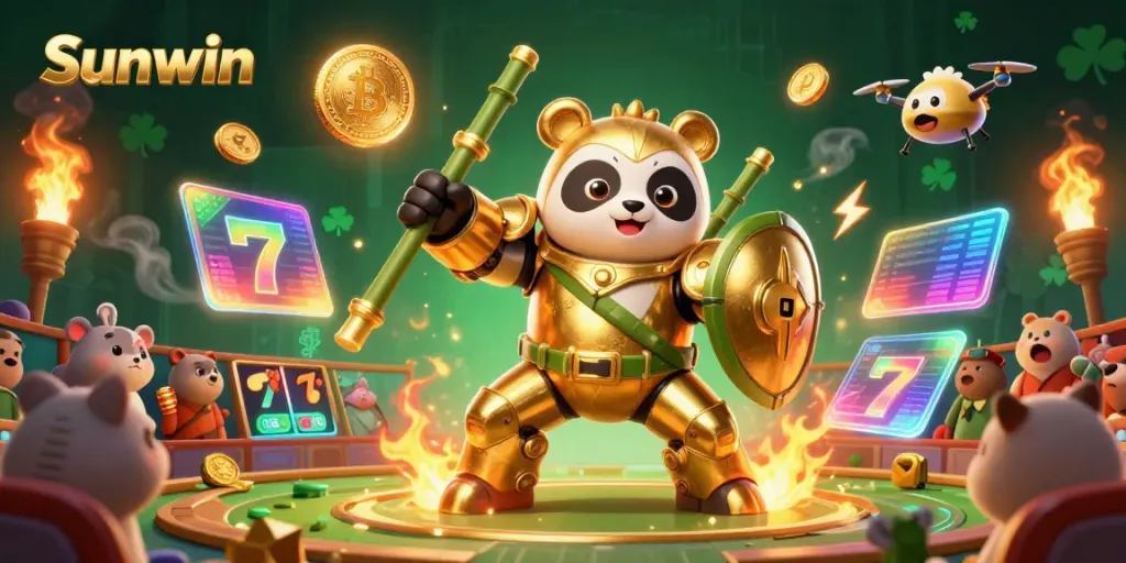 Engage with Sunwin's thrilling games featuring vibrant visuals of a golden panda and floating jackpots.