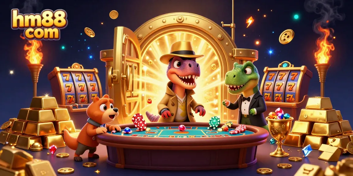 A vivid illustration showcasing a velociraptor card counter in a trench coat at a blackjack table on hm88 com, surrounded by gleaming treasures.