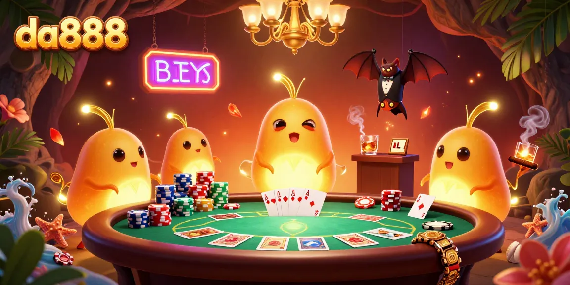 Engage with da888's vibrant casino scene illuminated by glowworms and a bat dealer.