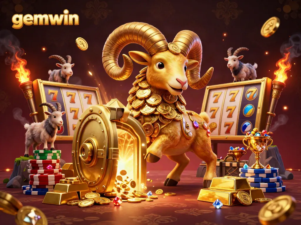 Experience the thrill of gemwin casino with enchanted golden ram and vibrant slots elements swirling around.