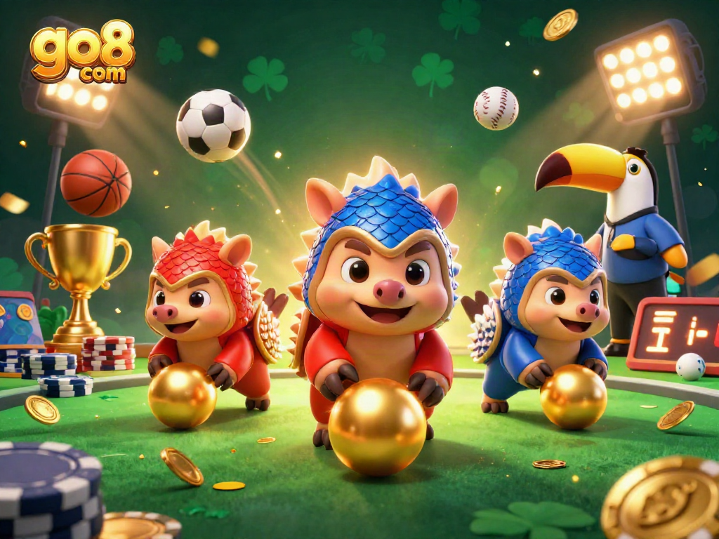 Experience thrilling wins at go8 com while rival pangolins battle through golden poker chips and sports elements.