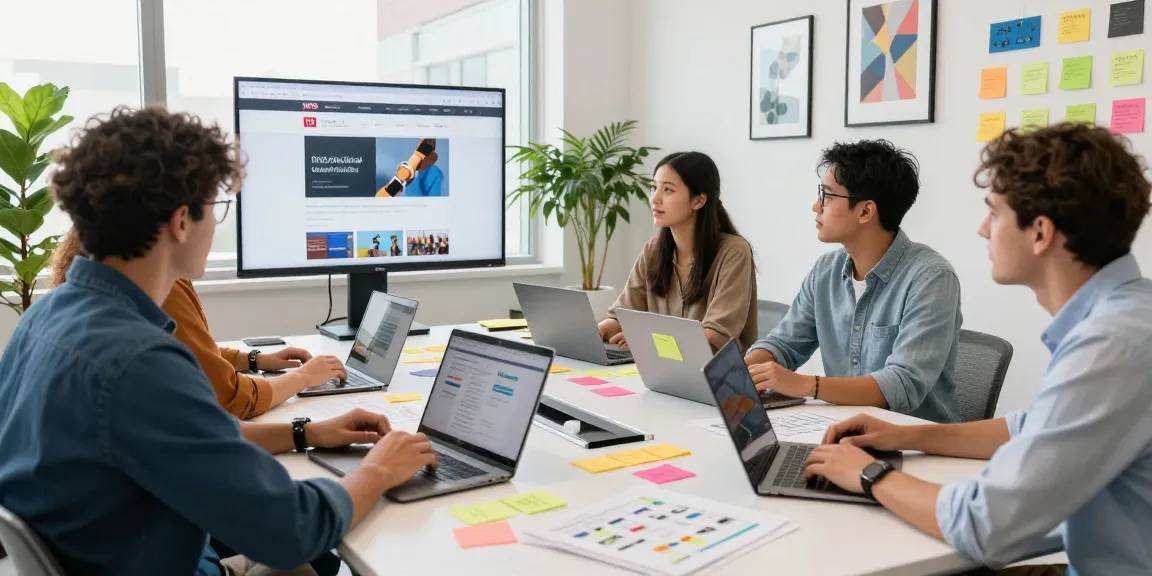 Team collaborating around the WPS Official Website features in a modern office.