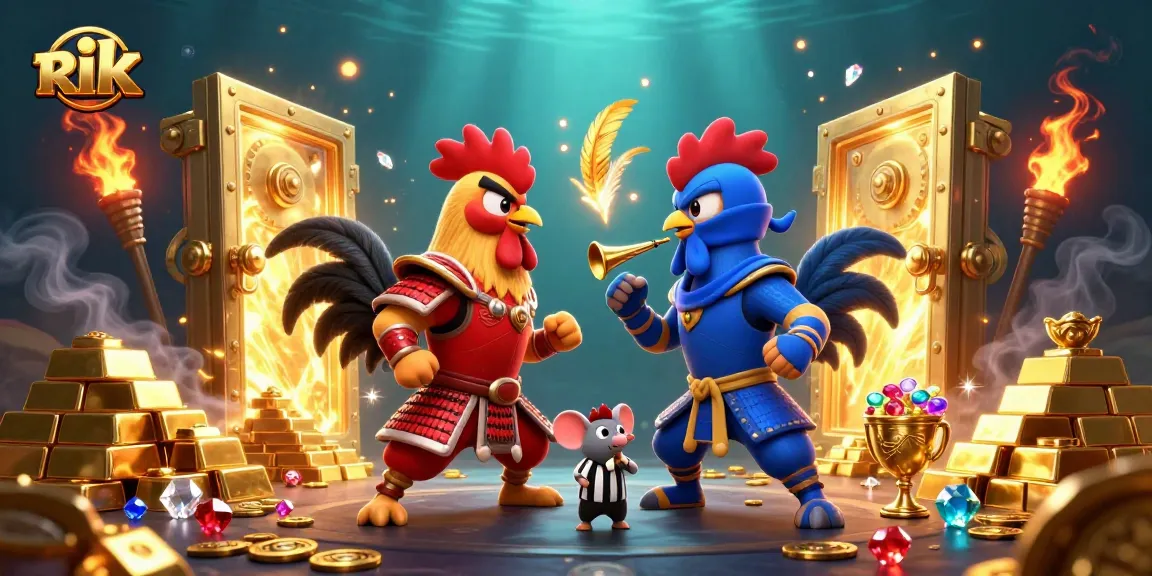 rik showcases a thrilling rooster fight amidst a bounty of casino treasures and vibrant gems