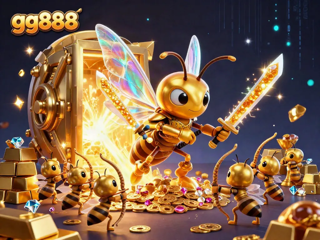 Engage with gg888's thrilling 3D casino adventure featuring a golden hornet samurai amidst riches.