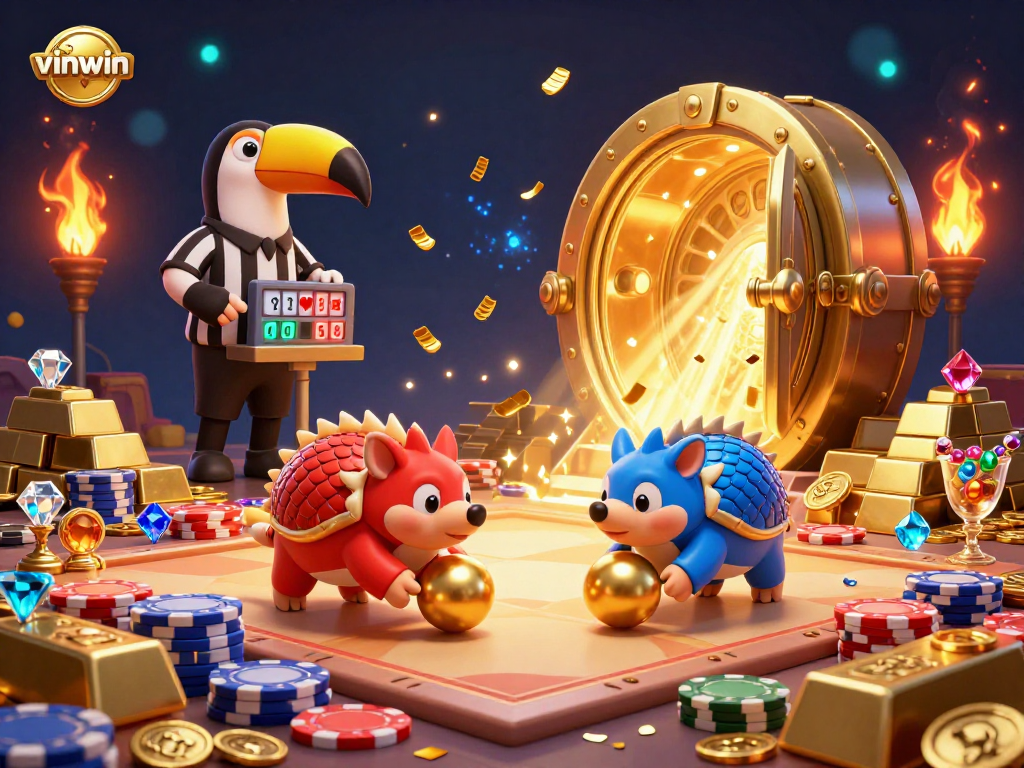 vinwin pangolins rolling into golden balls while bowling through poker chips in a vibrant casino scene.