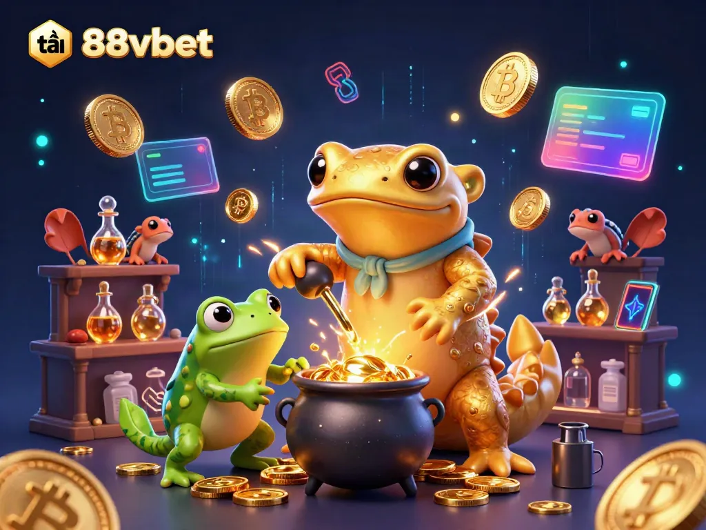 Engage with the dynamic world of tải 88vbet, featuring an alchemist and crypto elements in a vibrant 3D scene.
