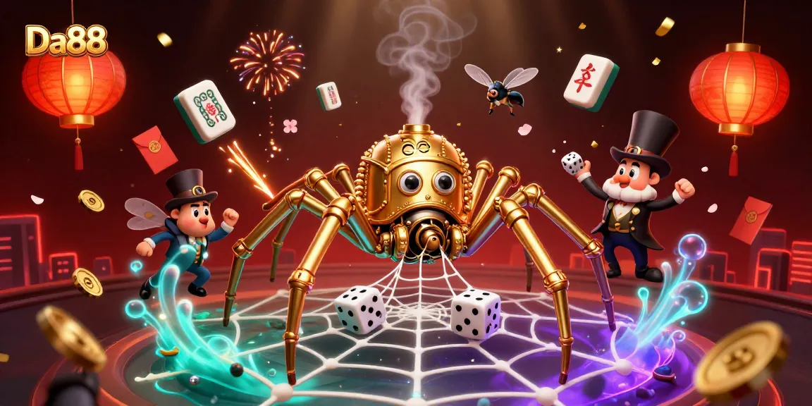 Experience the thrill of Da88 with a vibrant steampunk scene featuring a golden spider and playful elements.