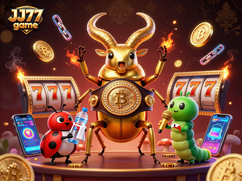 Engage with the thrilling JJ77 game featuring an epic battle of characters in a dynamic casino scene.