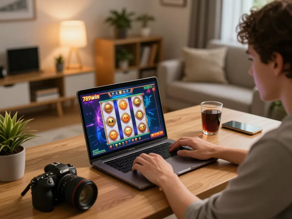 Engaging with the vibrant 789win casino game interface on a laptop at home, showcasing online gambling strategy.