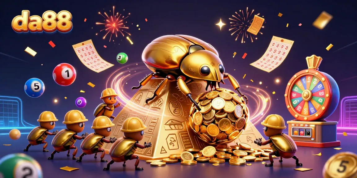 Engage with da88's thrilling experience as golden beetles roll coins in a vibrant casino scene.