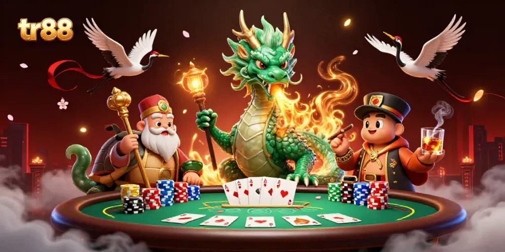 Ignite your luck with tr88 as a jade dragon breathes fire at a vibrant casino scene themed around poker.