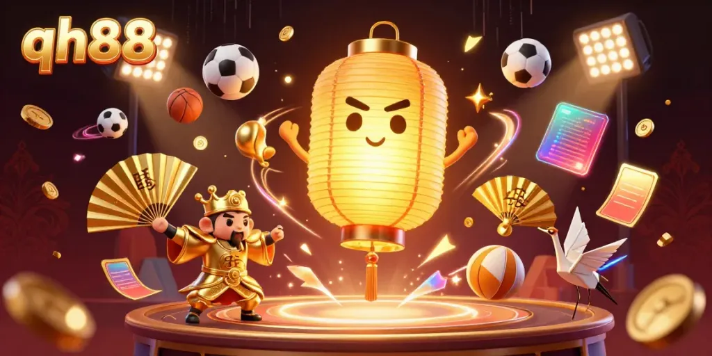 Join the excitement at qh88 with vibrant characters and dynamic gambling elements in a stunning casino scene.