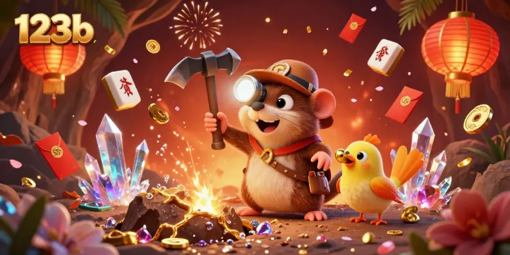Enjoy the thrills of 123b in this vibrant casino scene with treasure hunter mole and gold treasures.