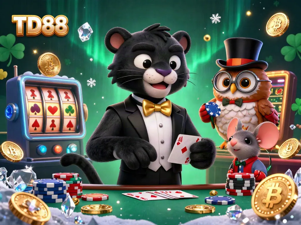 Engage in a casino adventure with TD88, featuring a panther dealing cards amidst neon coins and vibrant gaming elements.