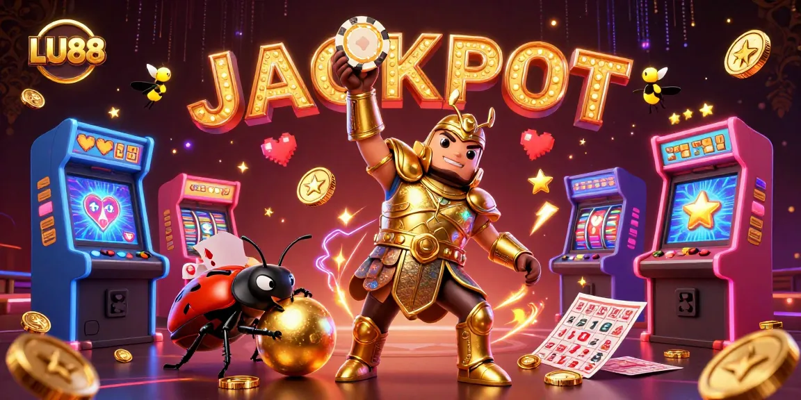LU88 showcases a 3D cartoon illustration featuring a beetle champion in golden armor celebrating a jackpot in an exciting casino setting.