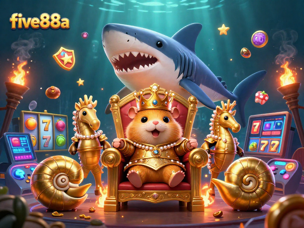 Watch five88a's golden hamster king rule over vibrant slot games with thrilling jackpots!