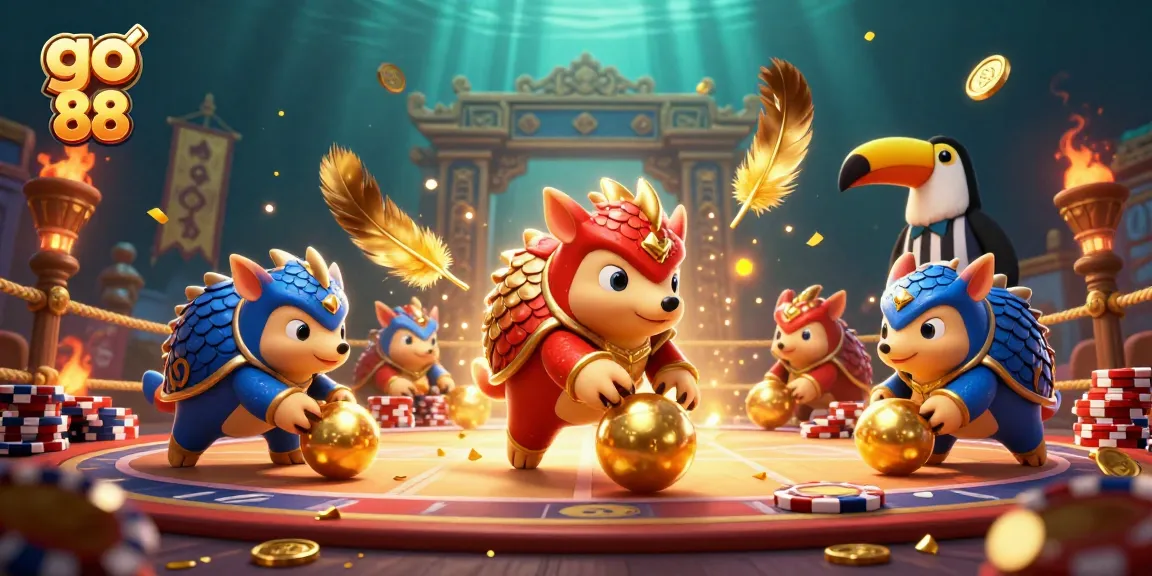 Engage with go 88 in a dynamic scene featuring rival pangolins bowling through poker chips and a vibrant casino atmosphere.