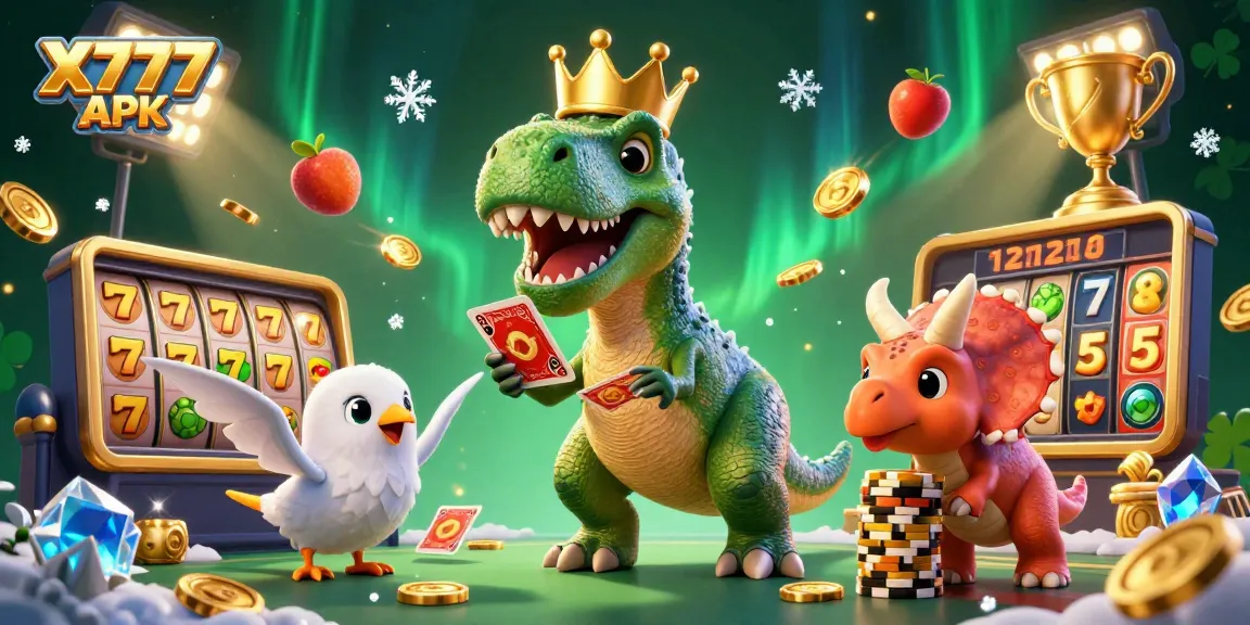 Experience the thrill of X777 APK with a playful T-Rex shuffling cards in a vibrant casino scene.